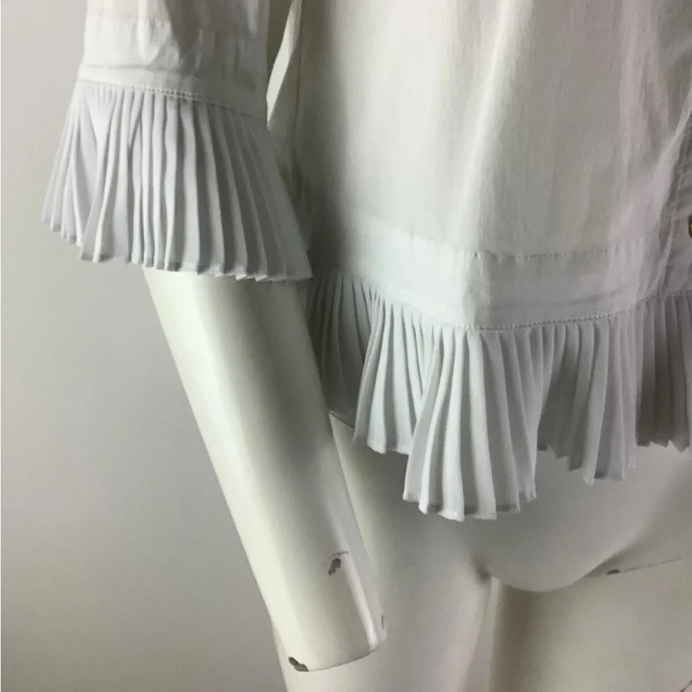 IC By Connie K Sz M Pleated Trim Button Blouse White Cotton Spandex Collared - Picture 2 of 6